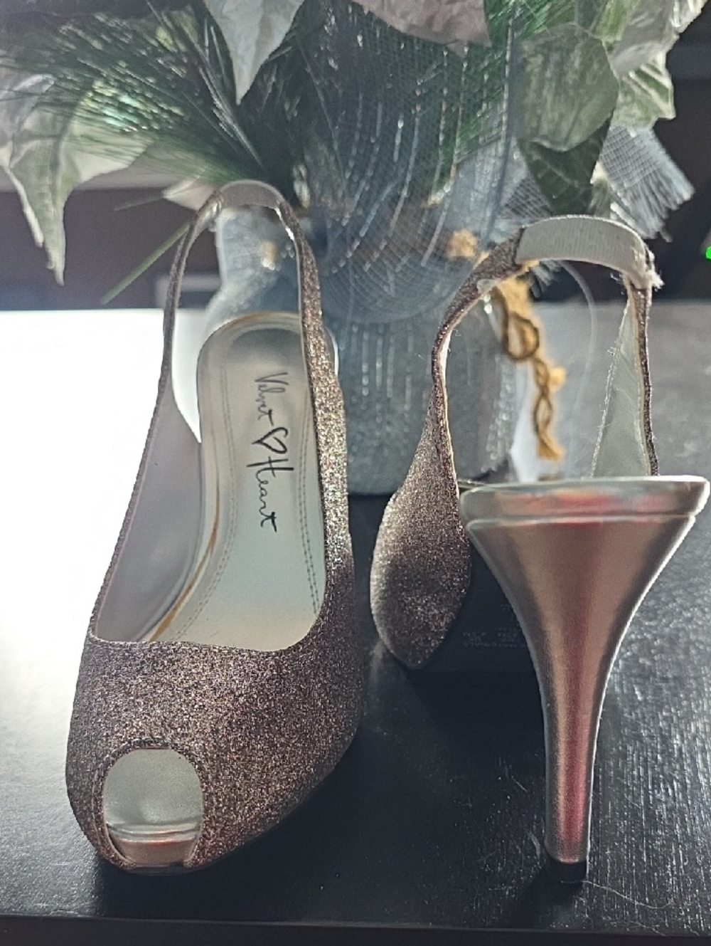 Rose Gold Glitter Peep-Toe Slingback Heels